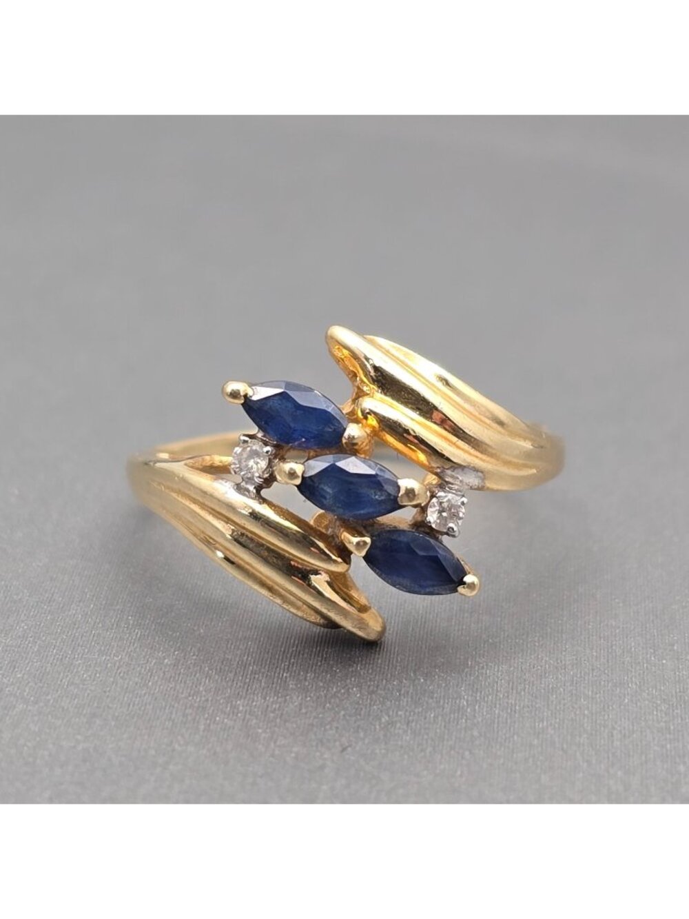 Vintage 10k Gold Sapphire Ring Size 7 Marquise Diamond Accent Cocktail Signed - Picture 1 of 16